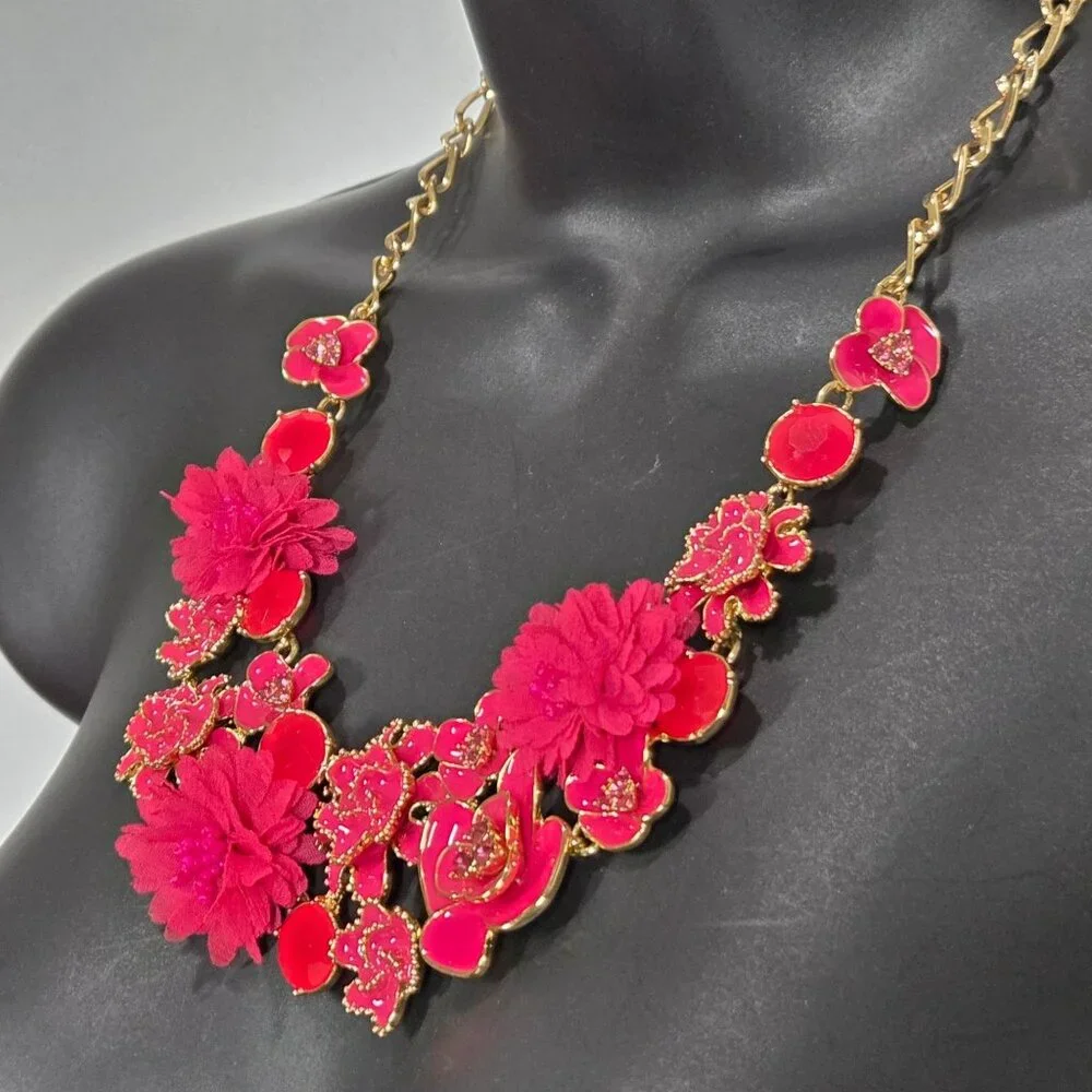 Talbots Necklace Pink Floral Anemone CZ Statement Gold Tone Prom Wedding Party - Picture 3 of 6
